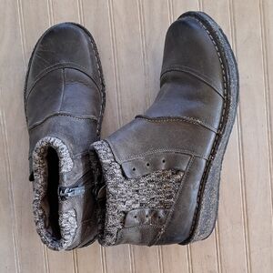 Aetrex Leather Ankle Boots Classic Comfy Wedge Cozy Knit Cuff Brown Booties